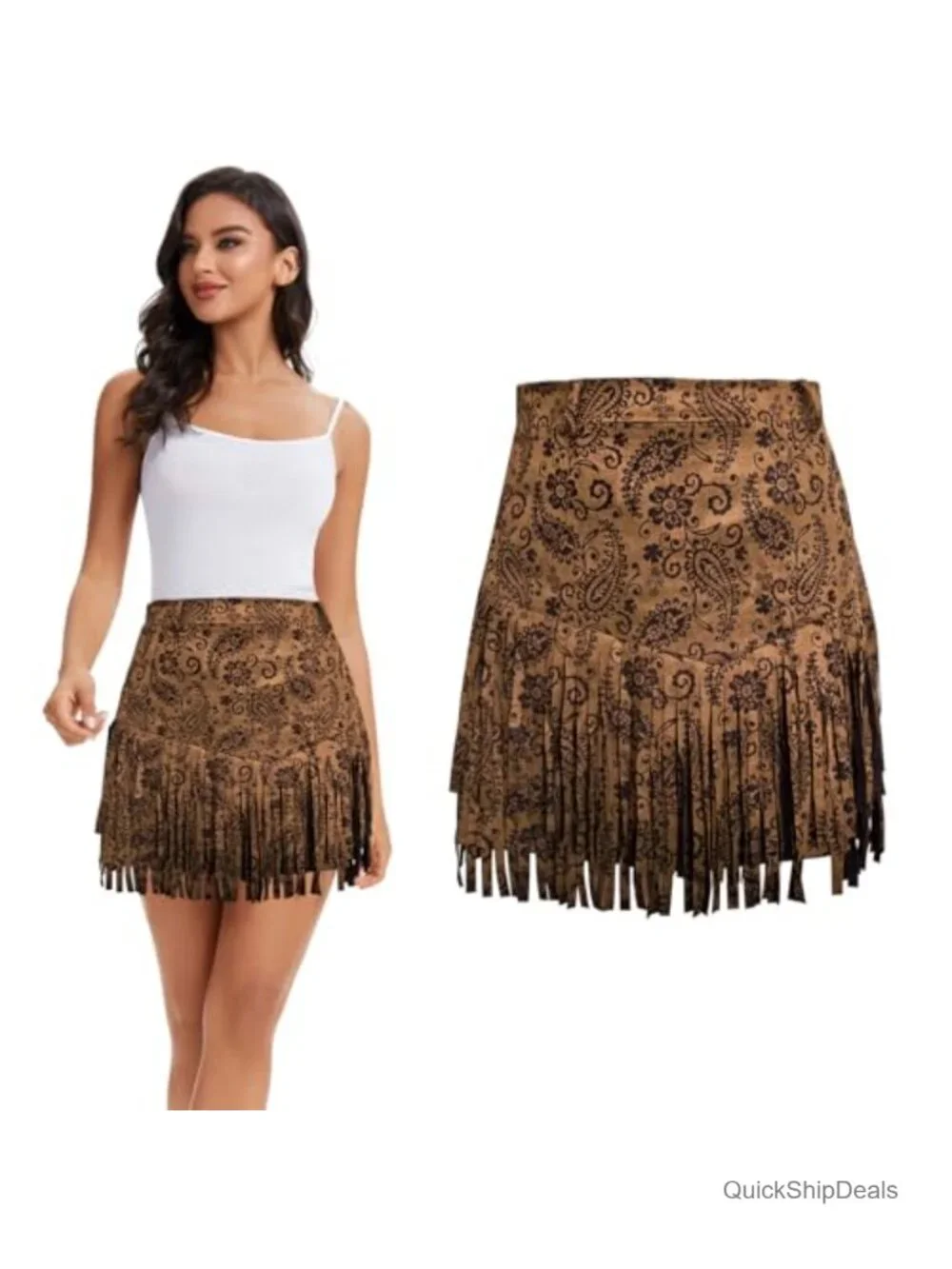 Faux Suede High Waist A-Line Fringe Mini Skirt Cowgirl Tassel Hem